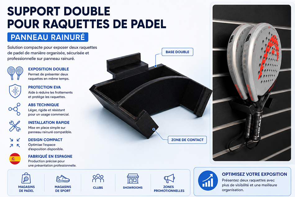 Support double pour raquettes de padel en ABS avec protection EVA installé sur panneau rainuré